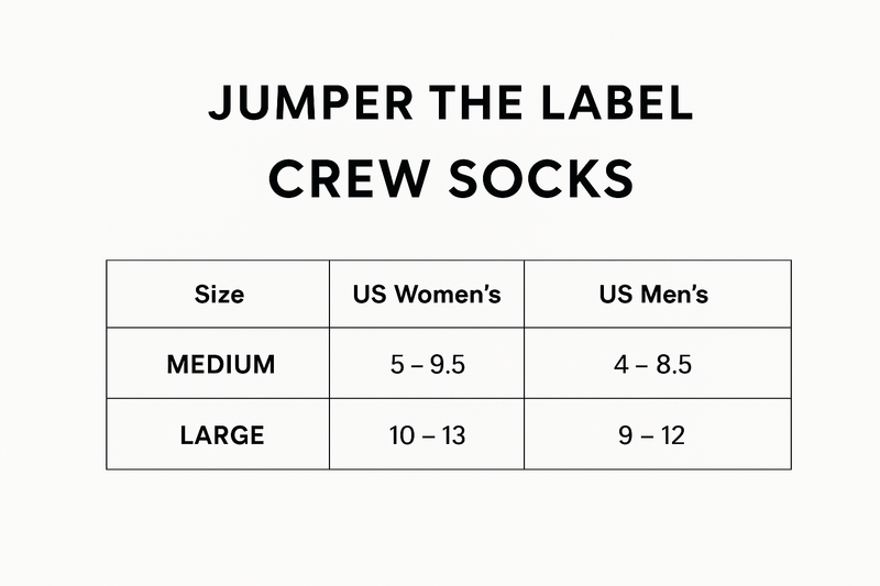 Size chart for Crew Socks - Black - (3 PAIRS FOR $30)